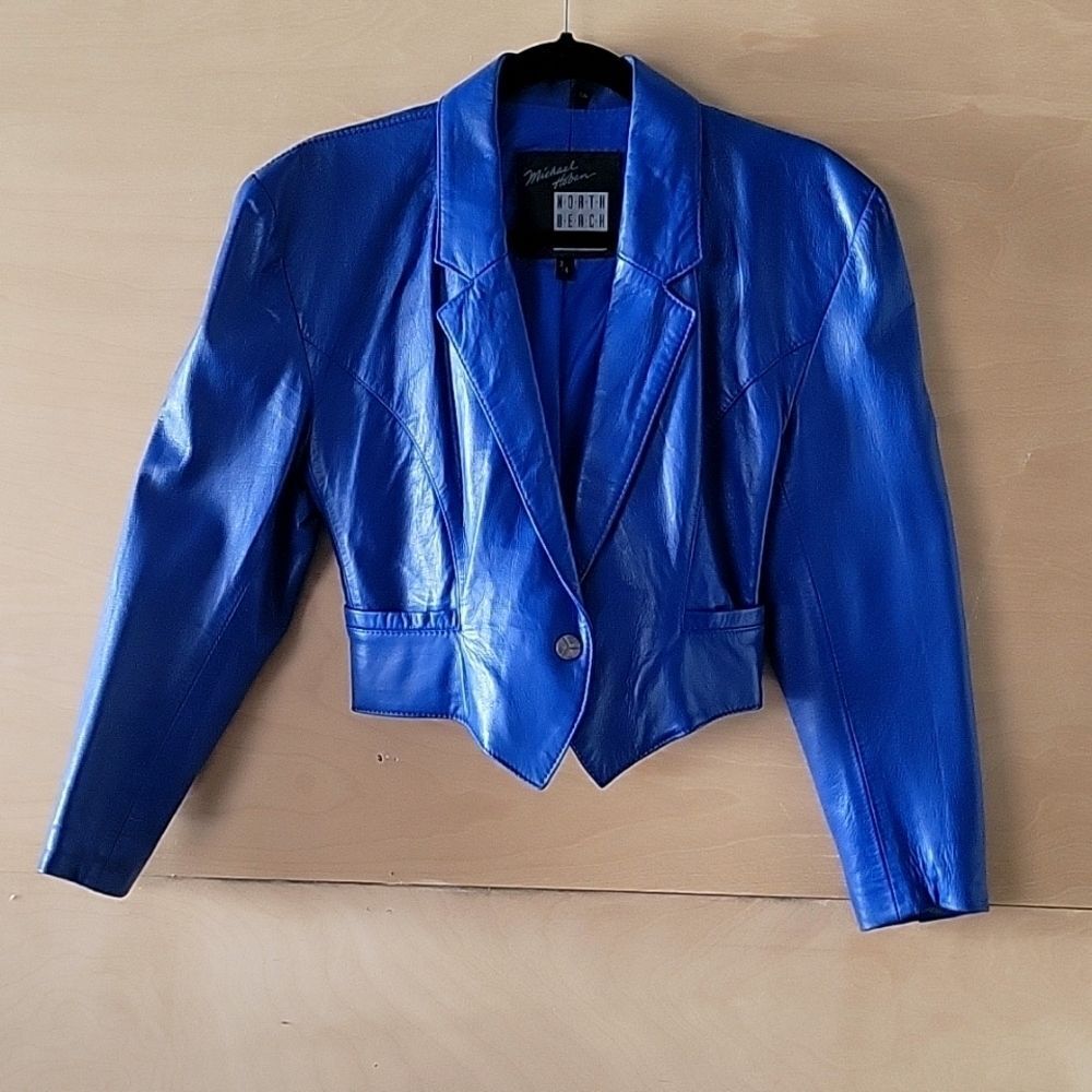 VTG Michael Hoban North Beach XS S 80s Blue Leather Jacket Cropped Peplum Moto
